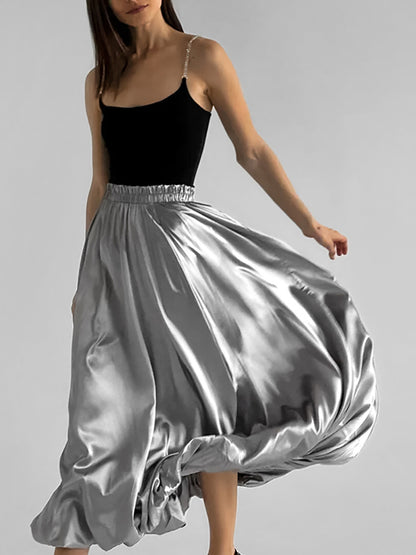 Women Fashion Simple Casual Satin Pleated Skirt