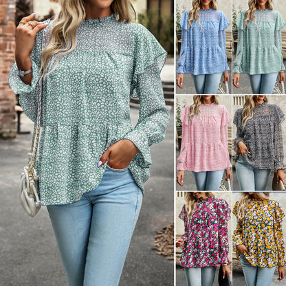 Blusa informal de manga larga con volantes y estampado para mujer