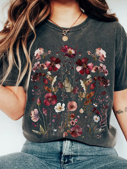 Camiseta informal holgada de manga corta con estampado floral de mariposas para mujer
