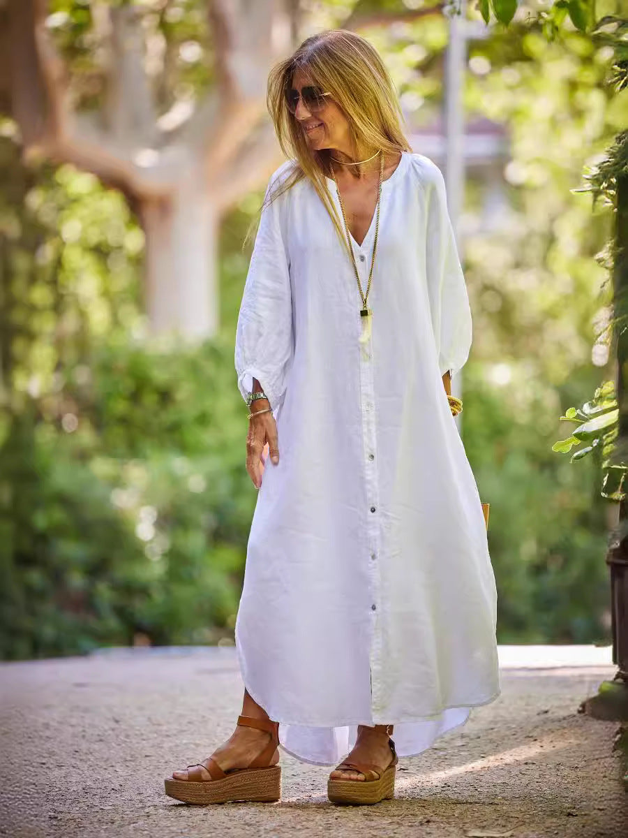 Vestido largo informal de lino y algodón con mangas largas para mujer