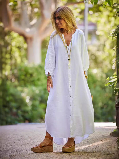 Vestido largo informal de lino y algodón con mangas largas para mujer
