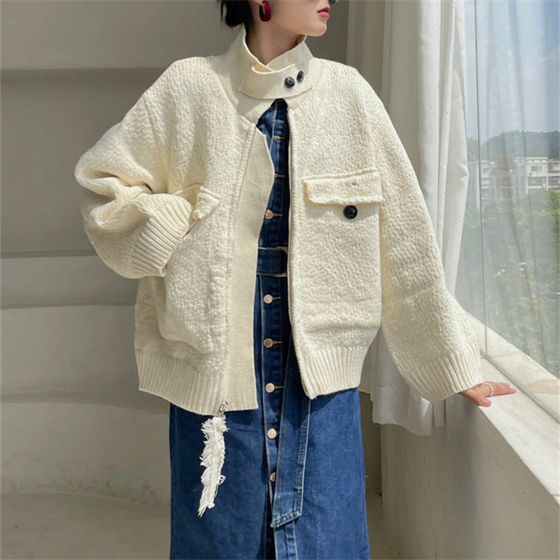 Casual Fashion Women Double Zipper Long Sleeve Knitted Sweater Coat