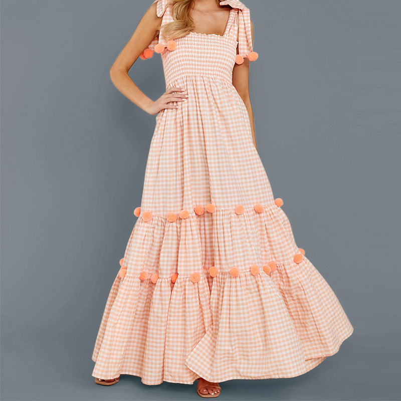 Women Sweet Casual Bohemia Plaid Color Blocking Sleeveless A-line Maxi Dress