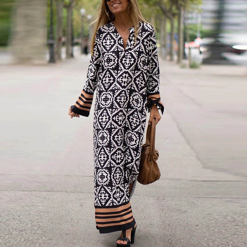 Women Casual Boho Style Geometry Stripe Print Long Sleeve V Neck Loose Maxi Dress