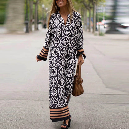 Women Casual Boho Style Geometry Stripe Print Long Sleeve V Neck Loose Maxi Dress