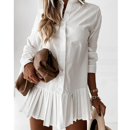 Women Casual Solid Color Pleated Hemline Long Sleeve Buttoned Shirt Dress