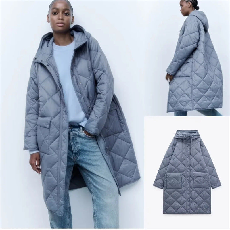 Chaqueta con capucha acolchada larga y cálida informal para mujer de otoño e invierno