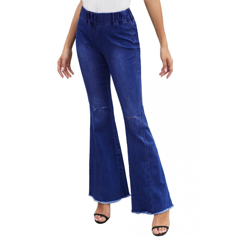 Vaqueros rasgados, holgados, acampanados y de color liso, informales, a la moda para mujer