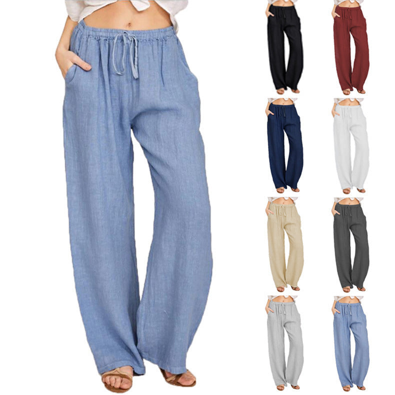 Women Fashion Casual Solid Color Cotton Linen Loose Pants