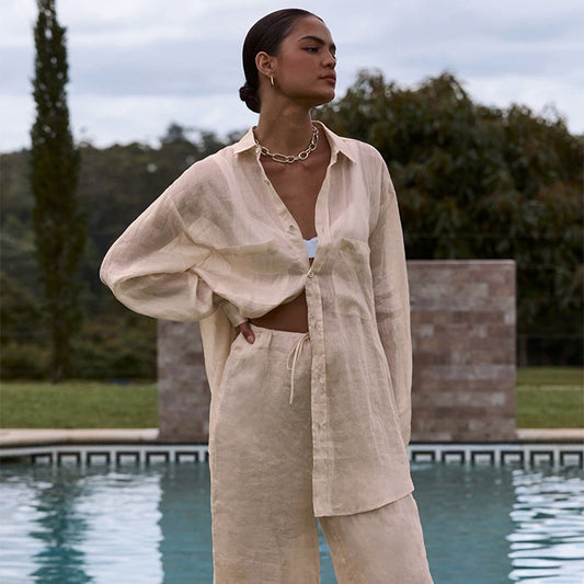 Conjunto de dos piezas de camisa y pantalón de algodón de manga larga para mujer, informal, de otoño e invierno