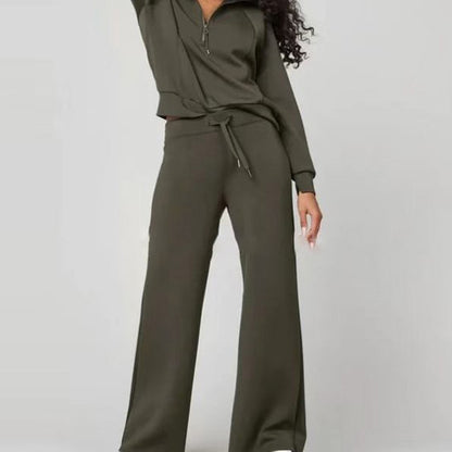 Conjunto de dos piezas formado por top y pantalón con cremallera, manga larga, color liso, informal, para mujer