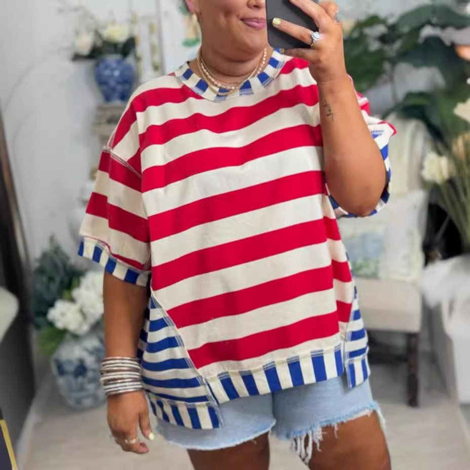 Camiseta informal holgada de verano con estampado de rayas y talla grande para mujer