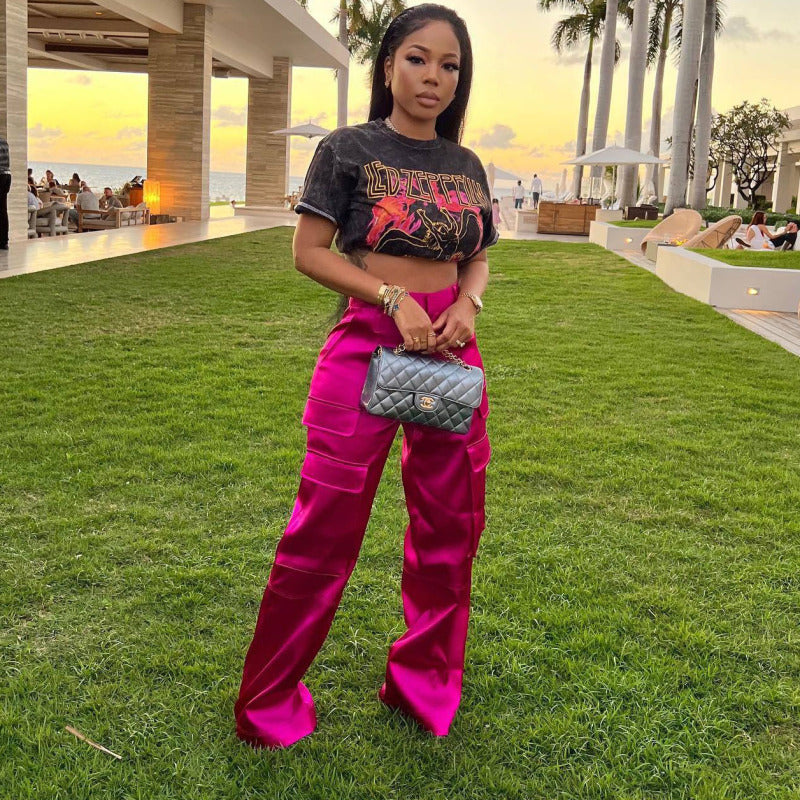 Fashion Women Casual Solid Color Multi-Pocket Zipper Loose Pants