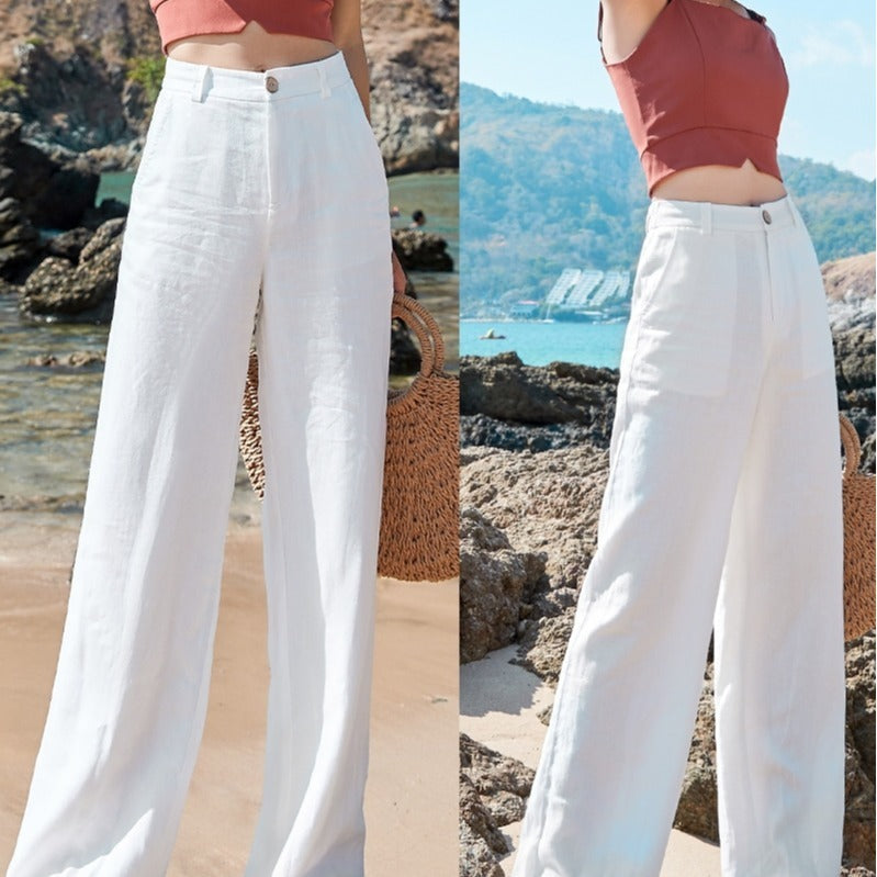Women Fashion Casual Cotton Linen Solid Color High Waist Wide Leg Pants