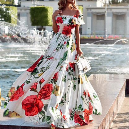 Women Fashion Casual Vacation Floral Printed Off-Shoulder Pleated Dress