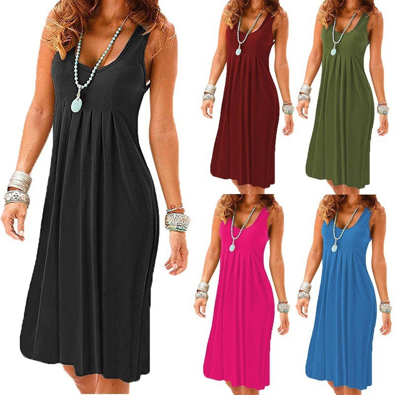 Women Casual Solid Color Loose Pleated Sleeveless Dress