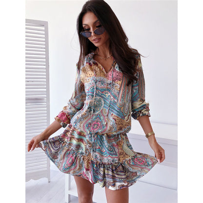 Fashion Casual Women Floral Paisley Printed Long-Sleeved Ruffled Dress