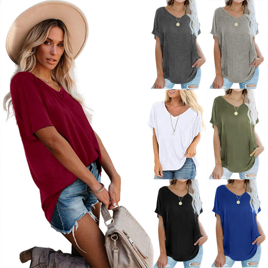 Camiseta informal holgada de verano para mujer, con cuello en V y manga corta