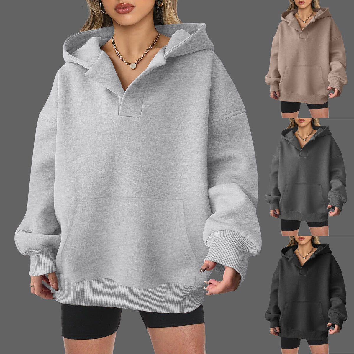 Sudadera con capucha de manga larga para mujer, informal, holgada, de color liso, para otoño e invierno