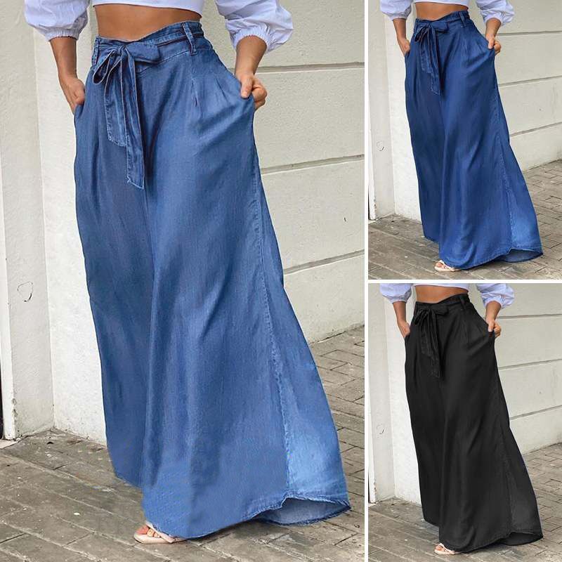 Pantalones vaqueros elegantes de cintura alta con cordones y pierna ancha para mujer, pantalones vaqueros casuales de talla grande
