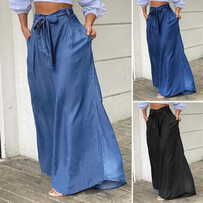 Pantalones vaqueros elegantes de cintura alta con cordones y pierna ancha para mujer, pantalones vaqueros casuales de talla grande