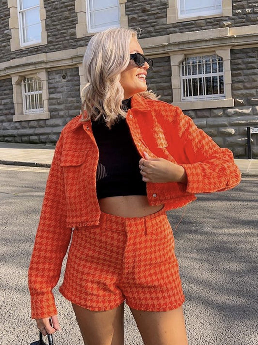 Chaqueta corta de tweed naranja para mujer, abrigo acolchado con botones y cintura alta, pantalones cortos informales de cintura alta para niñas.