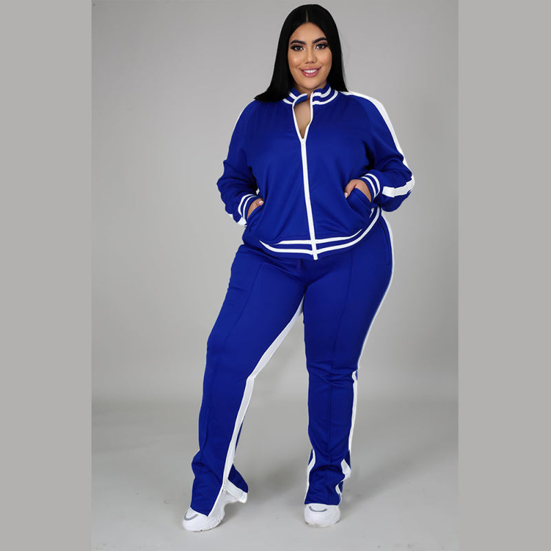 Conjunto de top y pantalón deportivo informal de talla grande para mujer, de manga larga, con cremallera y bloques de color