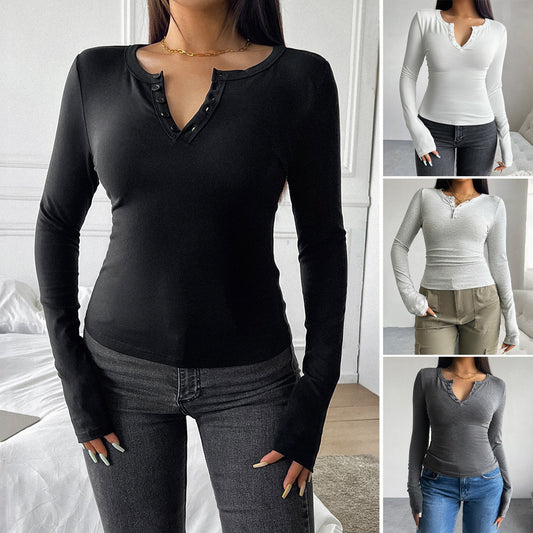 Camiseta informal sencilla de manga larga con cuello en V y botones para mujer