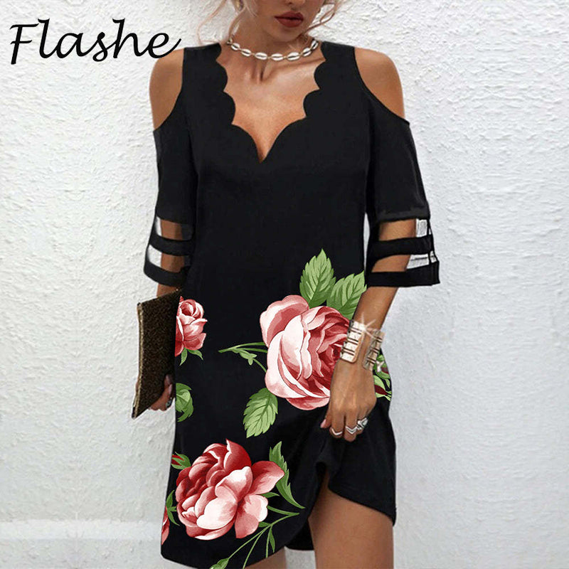 Vestido mini holgado informal de verano para mujer, elegante, de manga corta, con escote en V y hombros descubiertos, de malla y retazos