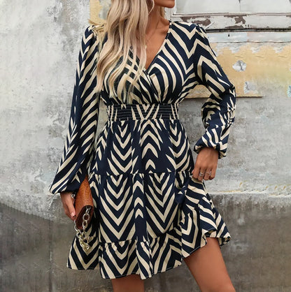 Women Fashion Casual Printed Stripe Ruffled V-Neck Long-Sleeve Dress