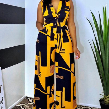 Women Casual Elegant V Neck Sleeveless Loose Color Blocking Single-Breasted Wide Legs Jumpsuits