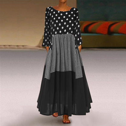 Plus Size Women Elegant Casual Round Neck Polka Dot Long Sleeves Color Blocking Patchwork Dress