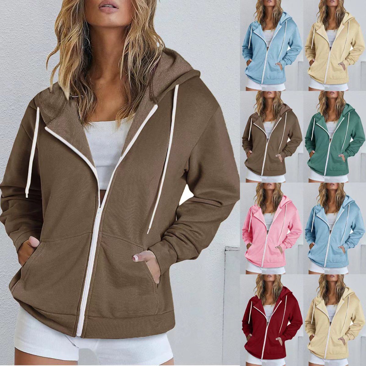 Women Fashion Casual Solid Color Drawstring Zipper Long Sleeve Hooded Sweatshirt Jacket
