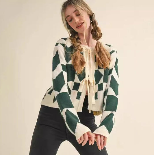 Suéter casual de manga larga con cordones y diseño geométrico para mujer