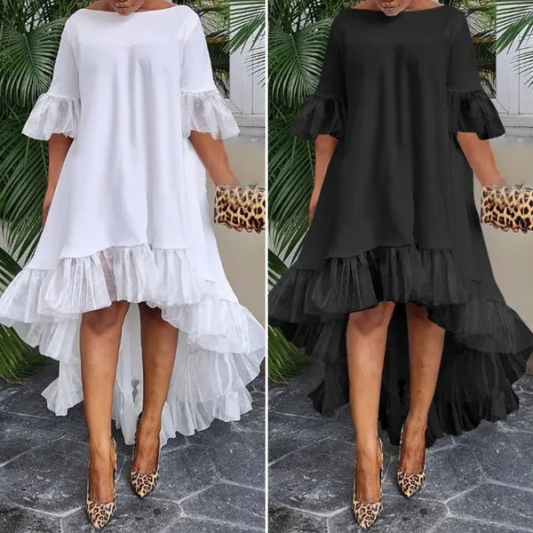Women Plus Size Casual Mesh Stitching Irregular Hem Dress