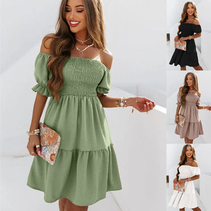 Summer Women Casual Solid Color Off-The-Shoulder Short-Sleeved Ruffled Dress
