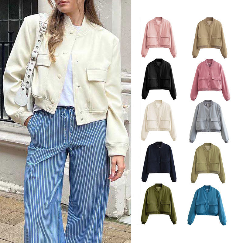 Chaqueta informal de manga larga con bolsillos de color liso a la moda para mujer