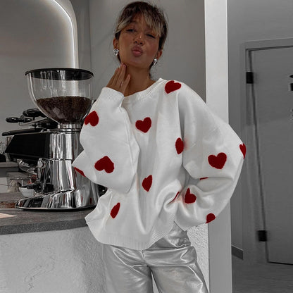 Women Fashion Cute Heart-Shaped Round Neck Winter Loose Casual Knitted Sweater