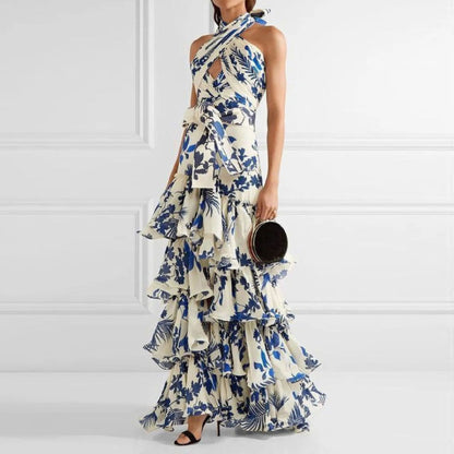 Vestido largo informal de verano con tirantes y cuello halter, sin espalda y estampado para mujer