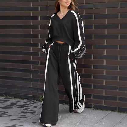 Autumn Winter Athleisure Casual Long-Sleeved V Neck Sweatshirt Stripe Pants Set