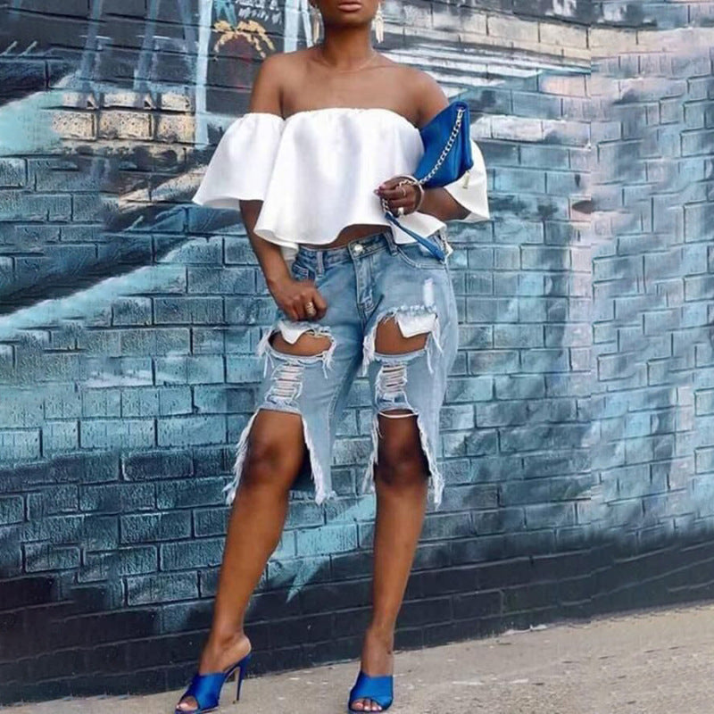 Women Fashion Casual Ripped Raw Edge Stretch Denim Cropped Pants