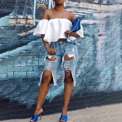 Women Fashion Casual Ripped Raw Edge Stretch Denim Cropped Pants