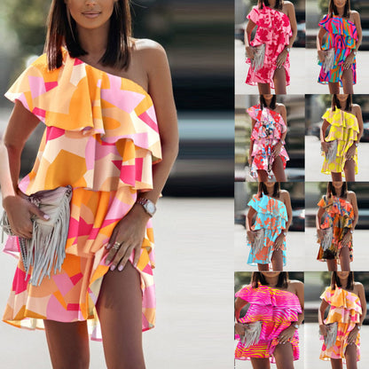 Women Elegant Bohemian Ruffled Casual Floral Print Oblique Shoulder Dress