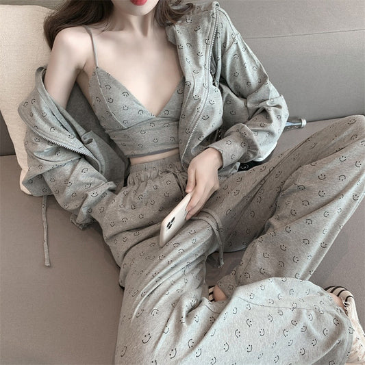 Conjunto de tres piezas informal holgado con top de tirantes estampado y abrigo y pantalón de manga larga para mujer