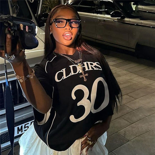 Women Fashion Casual Loose Letter Digital Print Short Sleeve V-Neck Jersey T-Shirt