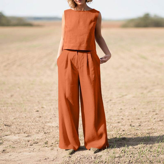 Conjunto informal de algodón y lino para mujer, de color liso, vintage, holgado, de manga larga