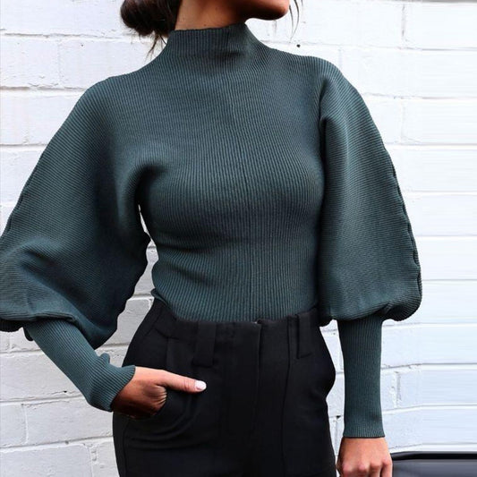 Women Casual Long Lantern Sleeve Pullover Turtleneck Knitted Sweater