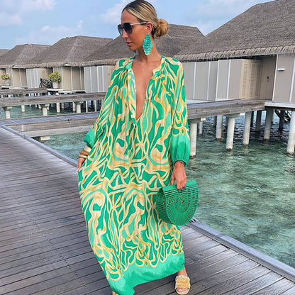 Autumn Women Graphic Printed Pullover Long-Sleeved V-Neck Loose Casual Maxi Dress