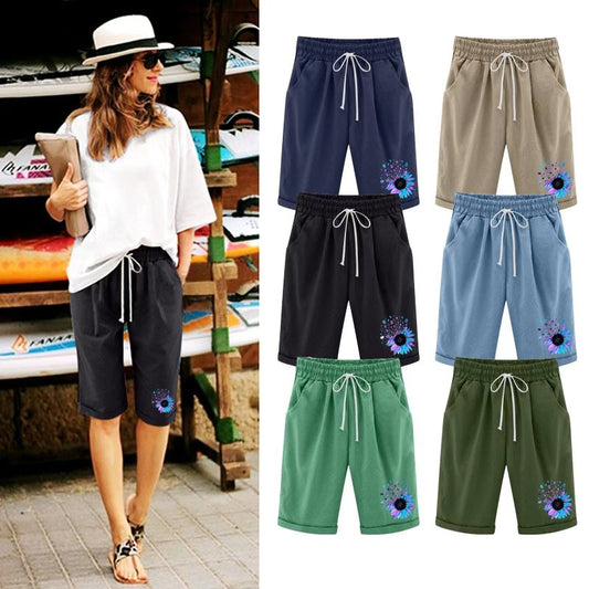 Pantalones cortos casuales de lino y algodón con cintura alta y estampado de color sólido para mujer