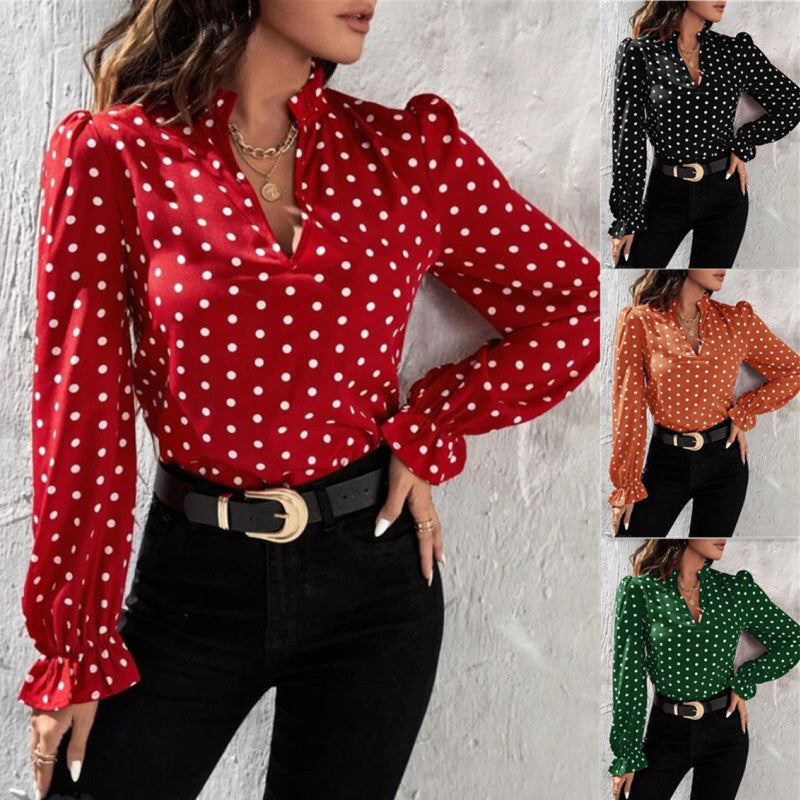 Women Casual Long Sleeve Polka Dot Slim Long-Sleeved Chiffon Shirt Blouse